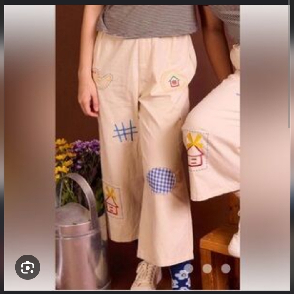 Wide Leg Patchwork Cotton Pants in Cream